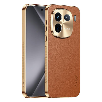 For vivo iQOO 12 Electroplated Frame Litchi Texture PC + TPU Vegan Leather Phone Case - Brown - EDA009677401E