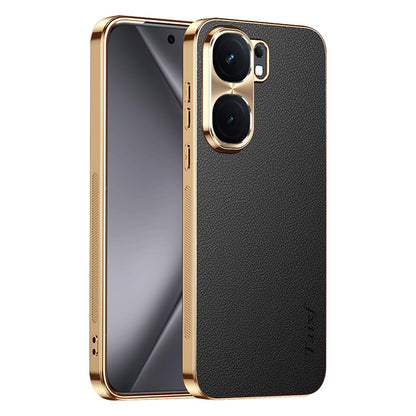 For vivo iQOO Neo9 Electroplated Frame Litchi Texture PC + TPU Vegan Leather Phone Case - Black - EDA009677405A