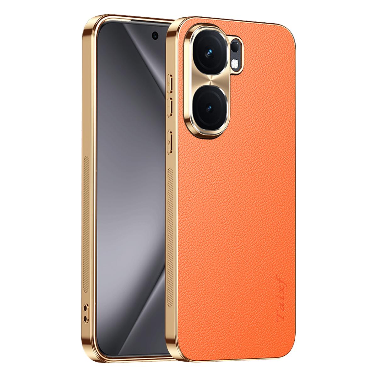 For vivo iQOO Neo9 Electroplated Frame Litchi Texture PC + TPU Vegan Leather Phone Case - Orange - EDA009677405B