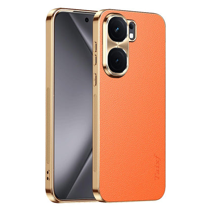 For vivo iQOO Neo9 Electroplated Frame Litchi Texture PC + TPU Vegan Leather Phone Case - Orange - EDA009677405B