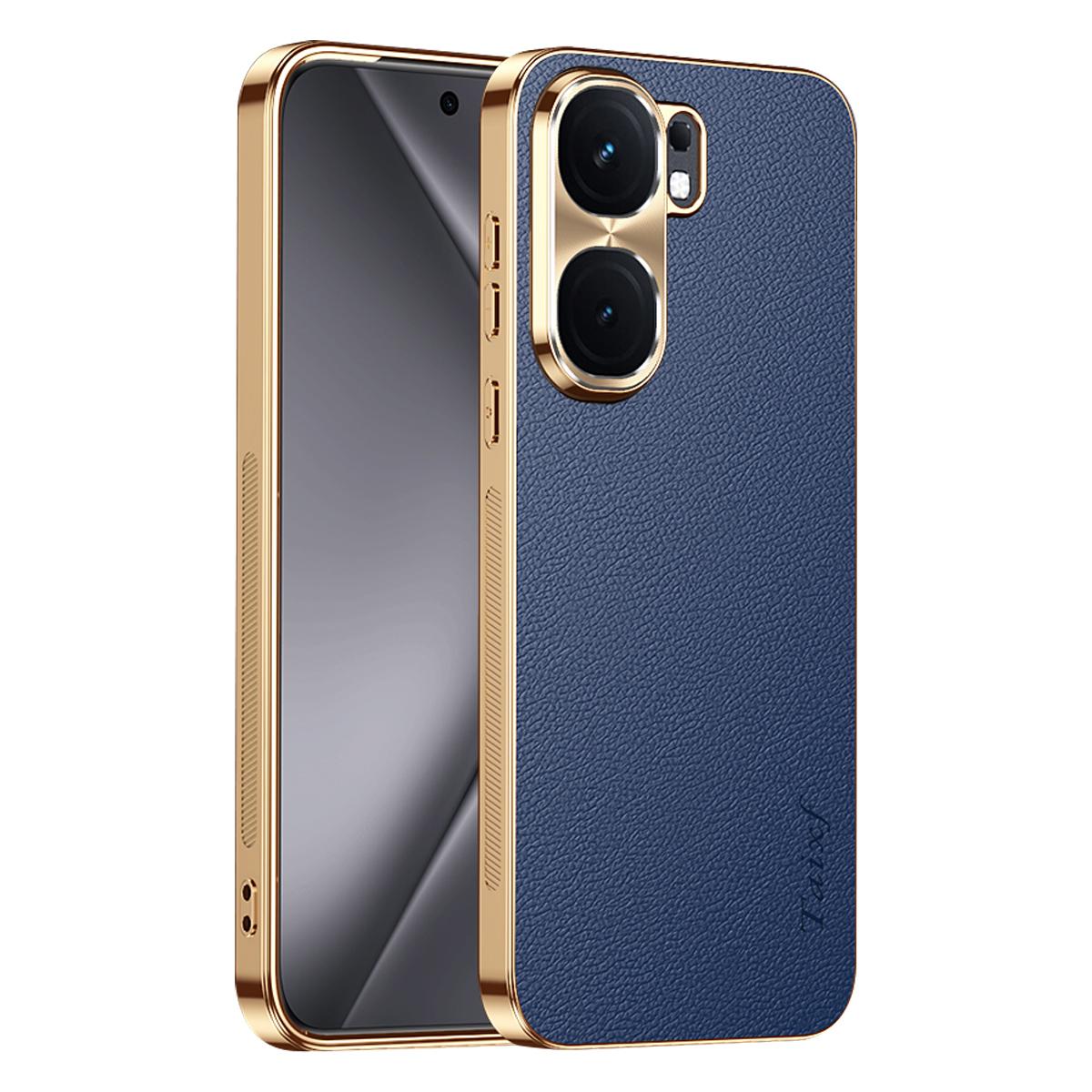 For vivo iQOO Neo9 Electroplated Frame Litchi Texture PC + TPU Vegan Leather Phone Case - Blue - EDA009677405C