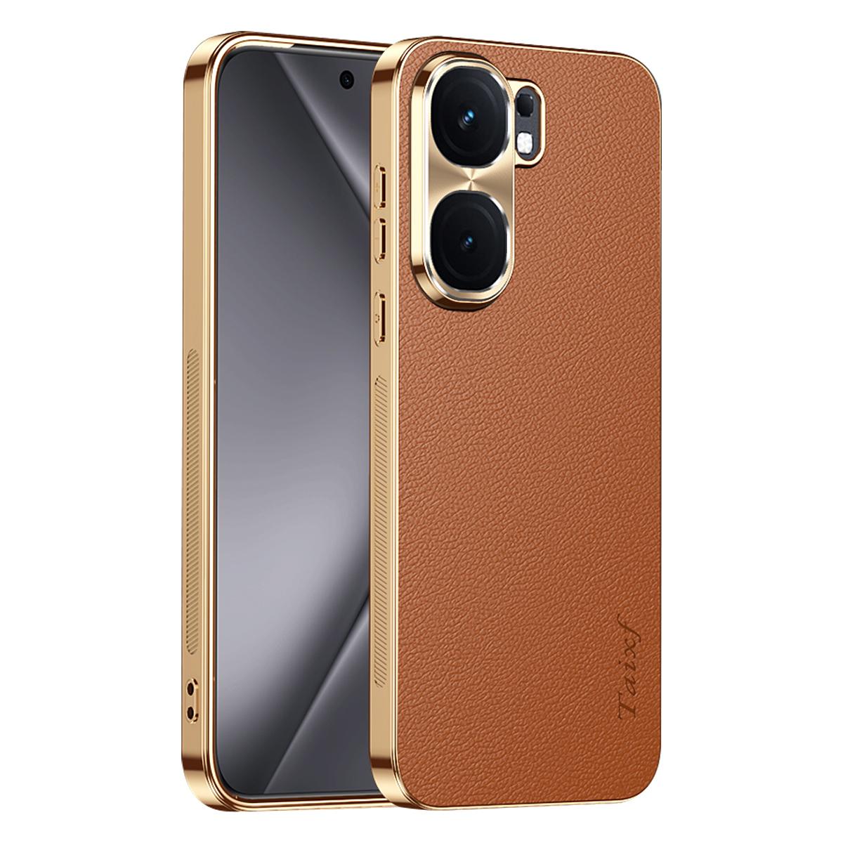 For vivo iQOO Neo9 Electroplated Frame Litchi Texture PC + TPU Vegan Leather Phone Case - Brown - EDA009677405E