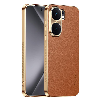 For vivo iQOO Neo9 Electroplated Frame Litchi Texture PC + TPU Vegan Leather Phone Case - Brown - EDA009677405E