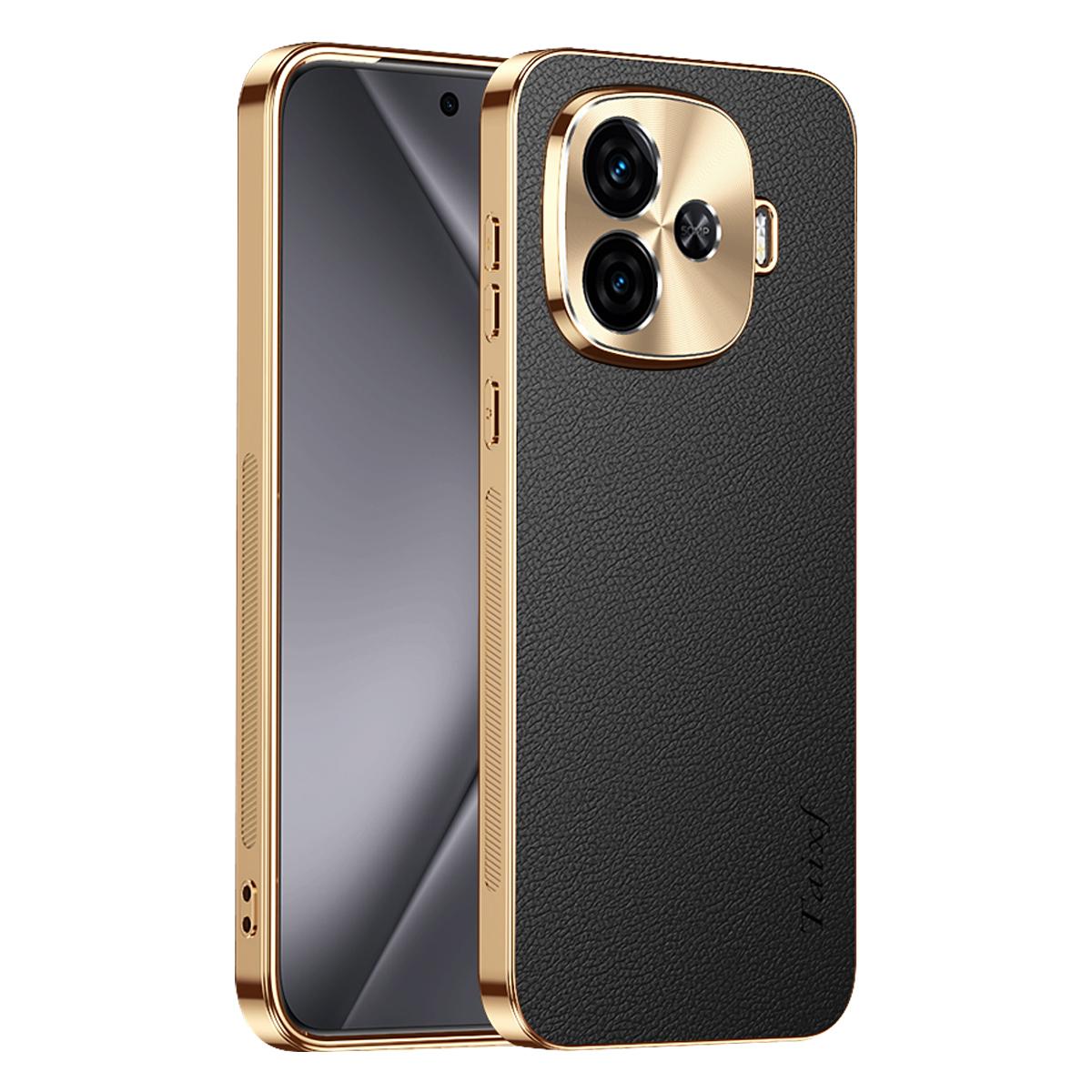 For vivo iQOO Z9 Turbo Electroplated Frame Litchi Texture PC + TPU Vegan Leather Phone Case - Black - EDA009677406A