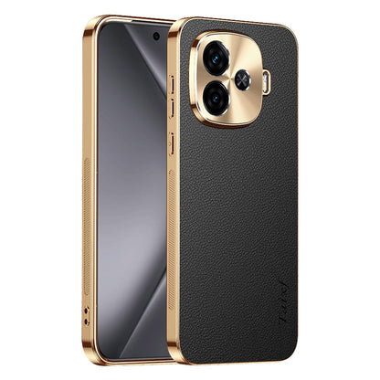 For vivo iQOO Z9 Turbo Electroplated Frame Litchi Texture PC + TPU Vegan Leather Phone Case - Black - EDA009677406A