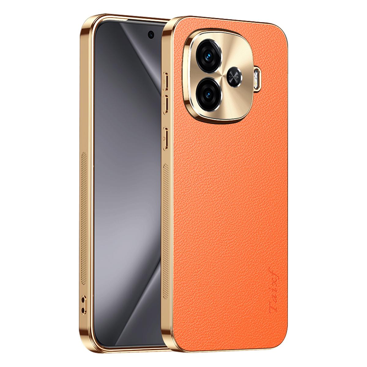 For vivo iQOO Z9 Turbo Electroplated Frame Litchi Texture PC + TPU Vegan Leather Phone Case - Orange - EDA009677406B