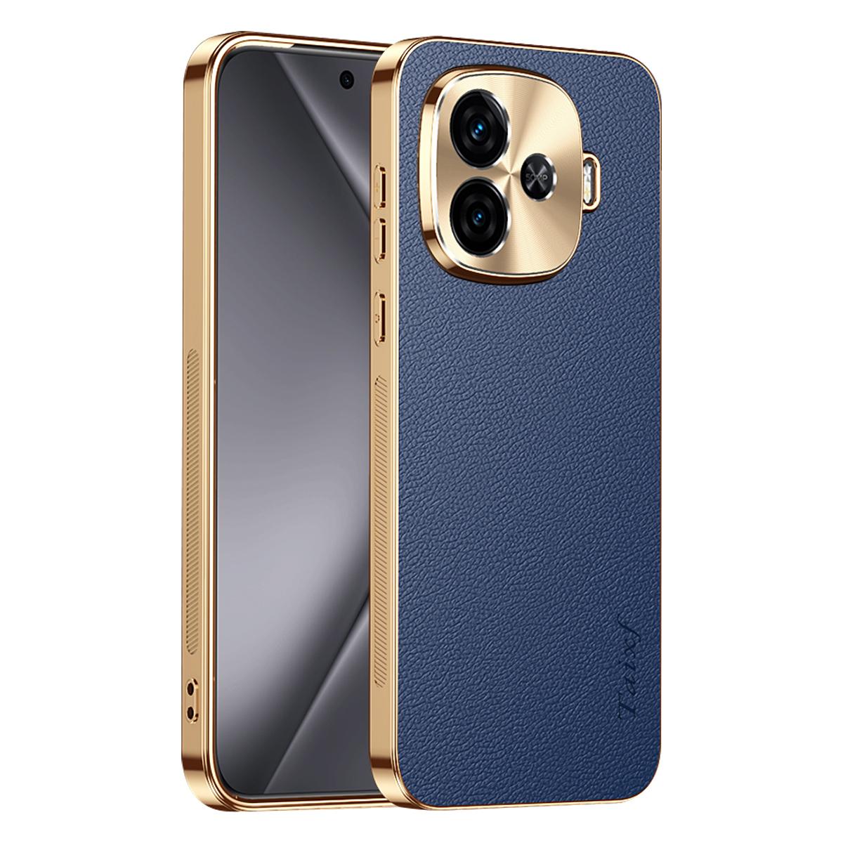 For vivo iQOO Z9 Turbo Electroplated Frame Litchi Texture PC + TPU Vegan Leather Phone Case - Blue - EDA009677406C