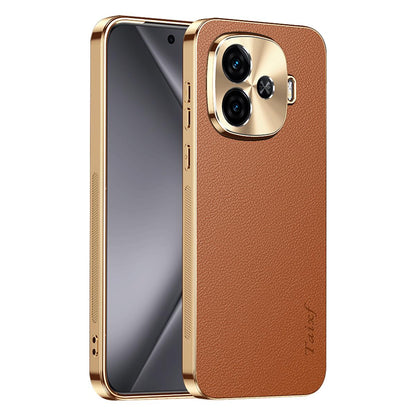 For vivo iQOO Z9 Turbo Electroplated Frame Litchi Texture PC + TPU Vegan Leather Phone Case - Brown - EDA009677406E