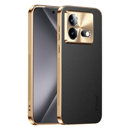 For vivo iQOO Neo8 Pro Electroplated Frame Litchi Texture PC + TPU Vegan Leather Phone Case - Black - EDA009677408A