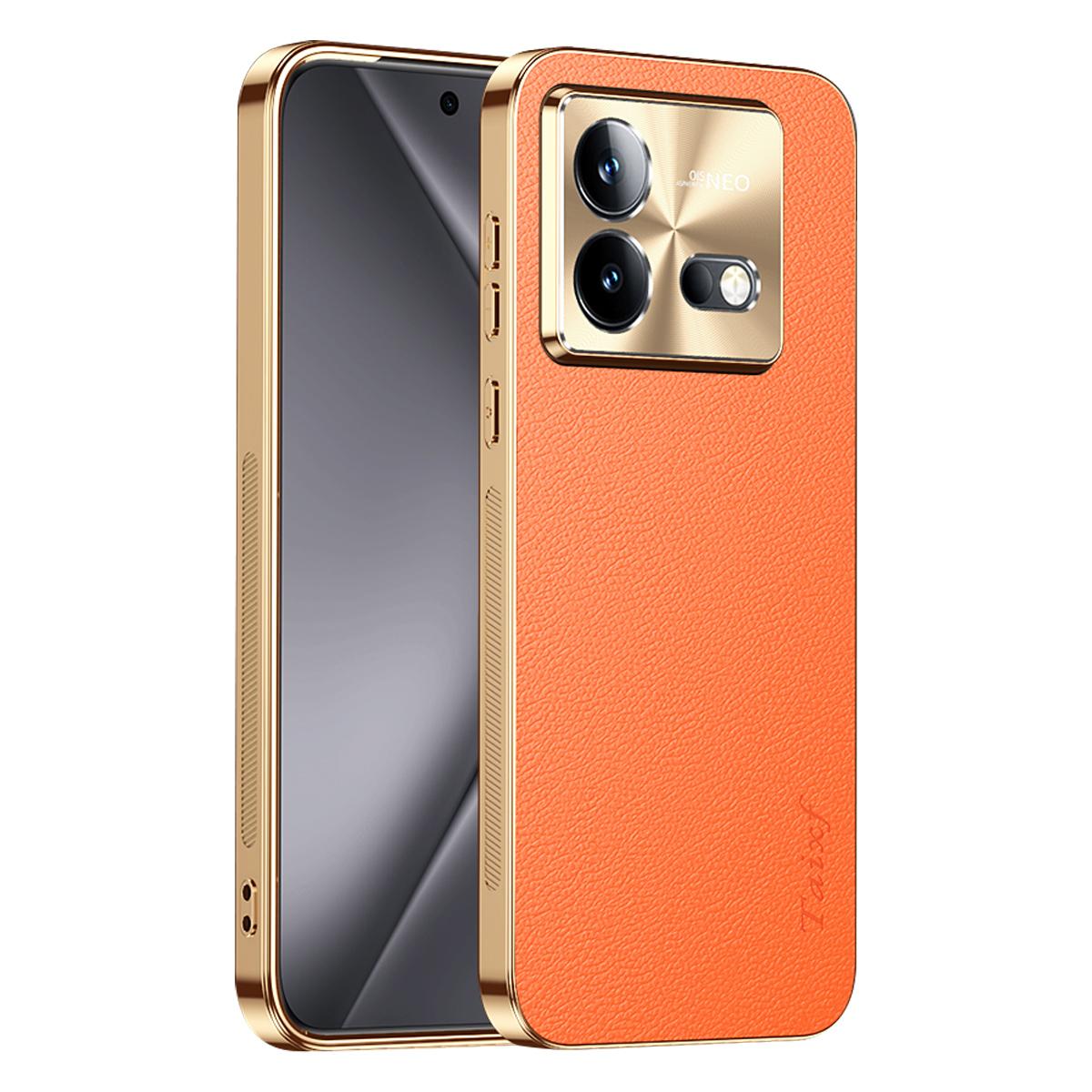 For vivo iQOO Neo8 Pro Electroplated Frame Litchi Texture PC + TPU Vegan Leather Phone Case - Orange - EDA009677408B