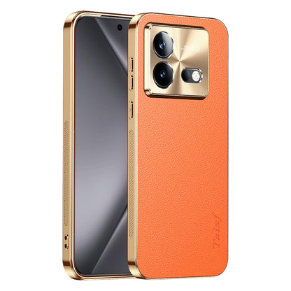 For vivo iQOO Neo8 Pro Electroplated Frame Litchi Texture PC + TPU Vegan Leather Phone Case - Orange - EDA009677408B