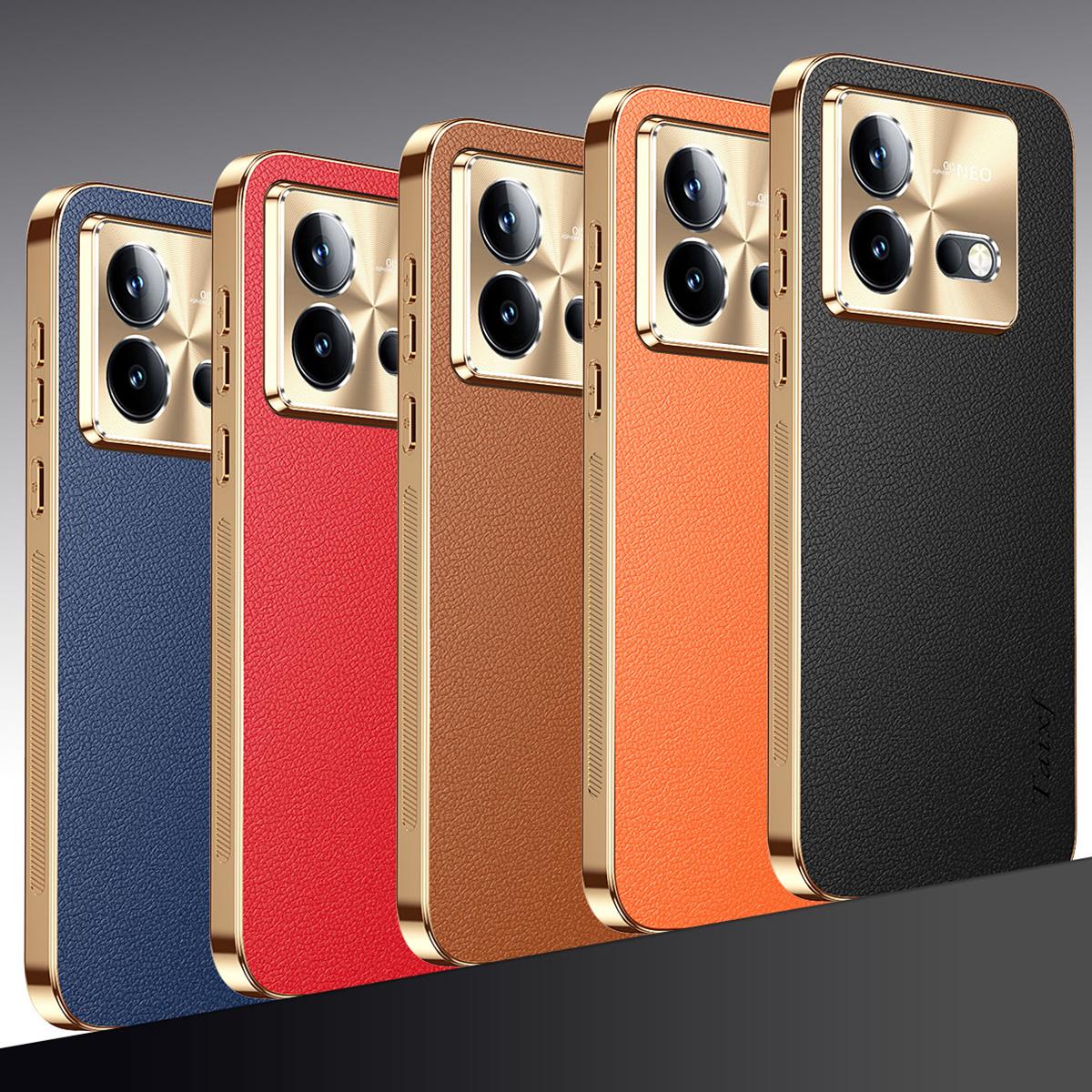 For vivo iQOO Neo8 Pro Electroplated Frame Litchi Texture PC + TPU Vegan Leather Phone Case - Orange - EDA009677408B