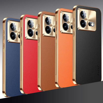 For vivo iQOO Neo8 Pro Electroplated Frame Litchi Texture PC + TPU Vegan Leather Phone Case - Orange - EDA009677408B