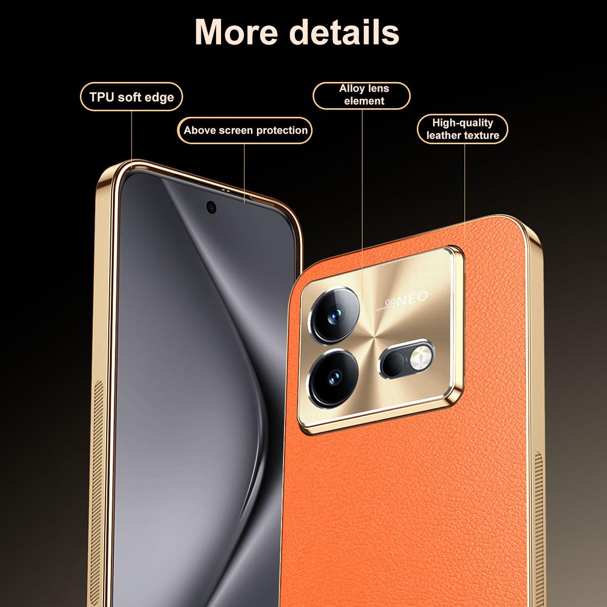 For vivo iQOO Neo8 Pro Electroplated Frame Litchi Texture PC + TPU Vegan Leather Phone Case - Orange - EDA009677408B