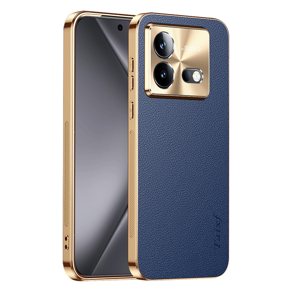 For vivo iQOO Neo8 Pro Electroplated Frame Litchi Texture PC + TPU Vegan Leather Phone Case - Blue - EDA009677408C