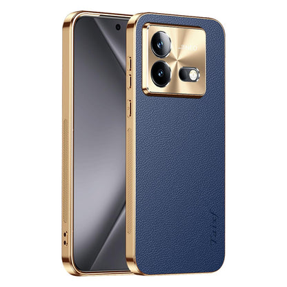 For vivo iQOO Neo8 Pro Electroplated Frame Litchi Texture PC + TPU Vegan Leather Phone Case - Blue - EDA009677408C