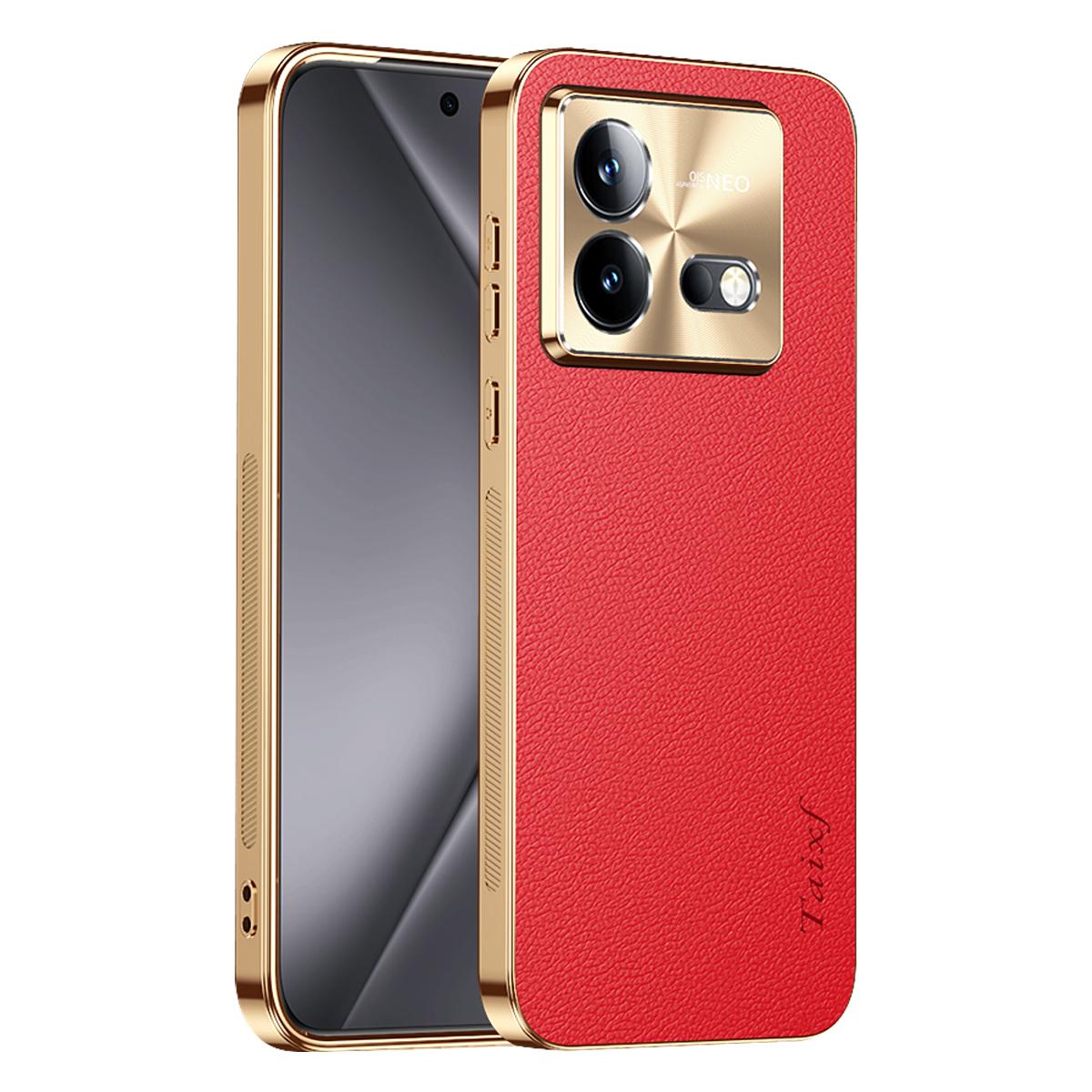 For vivo iQOO Neo8 Pro Electroplated Frame Litchi Texture PC + TPU Vegan Leather Phone Case - Red - EDA009677408D