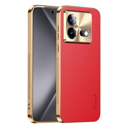 For vivo iQOO Neo8 Pro Electroplated Frame Litchi Texture PC + TPU Vegan Leather Phone Case - Red - EDA009677408D