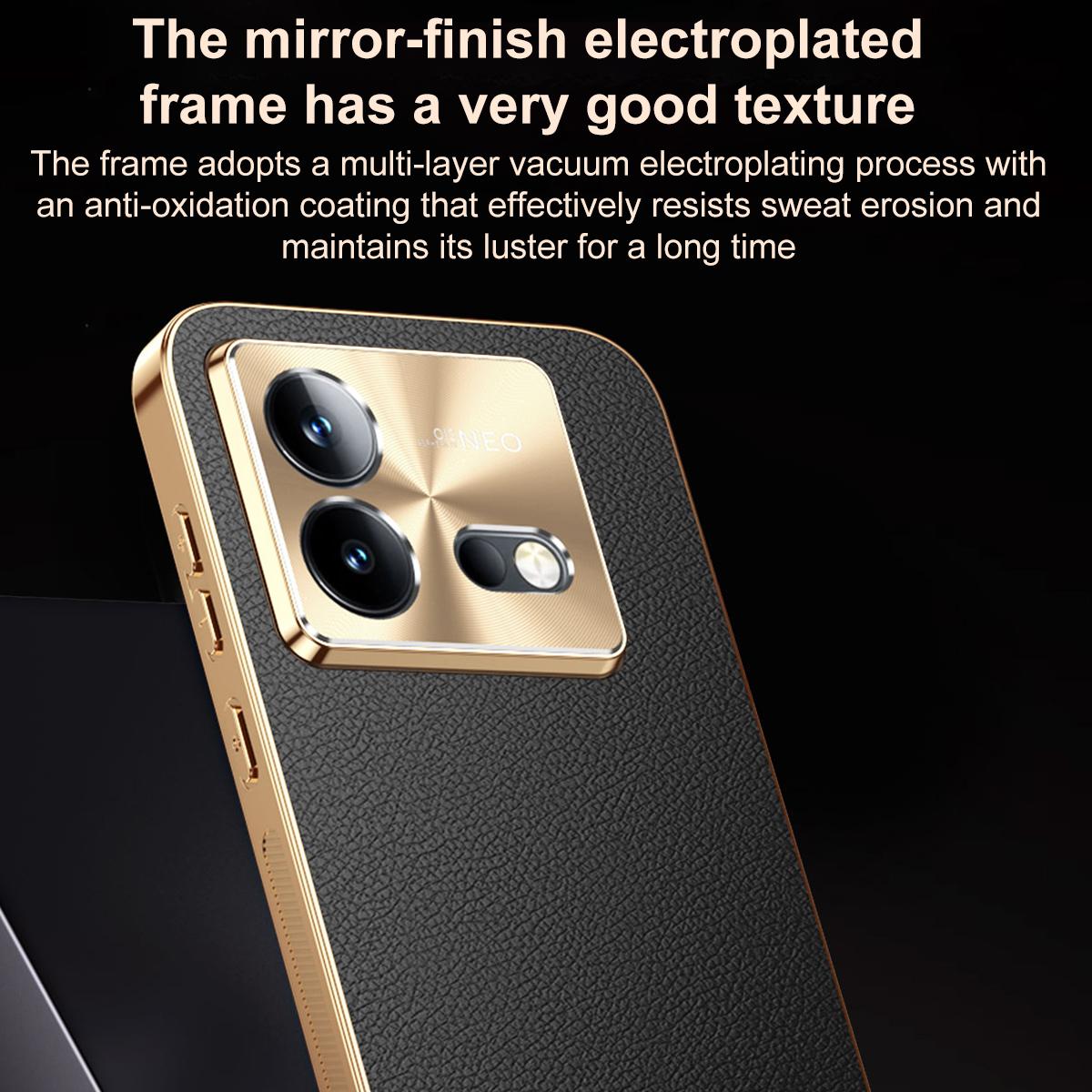 For vivo iQOO Neo8 Pro Electroplated Frame Litchi Texture PC + TPU Vegan Leather Phone Case - Red - EDA009677408D