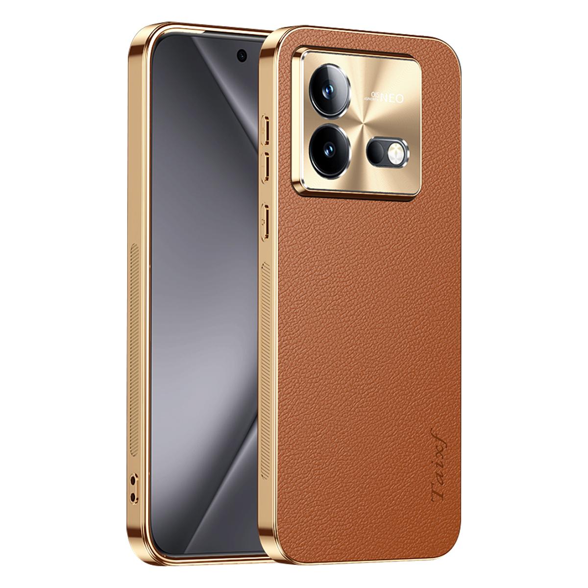 For vivo iQOO Neo8 Pro Electroplated Frame Litchi Texture PC + TPU Vegan Leather Phone Case - Brown - EDA009677408E