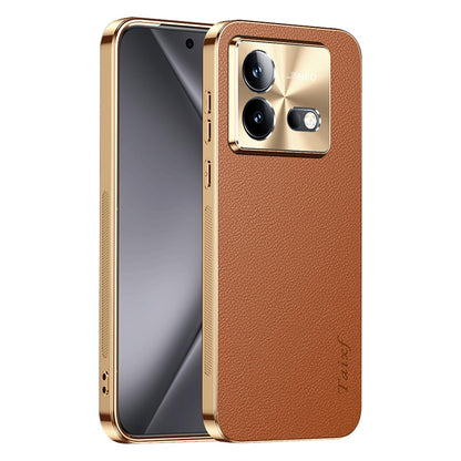 For vivo iQOO Neo8 Pro Electroplated Frame Litchi Texture PC + TPU Vegan Leather Phone Case - Brown - EDA009677408E