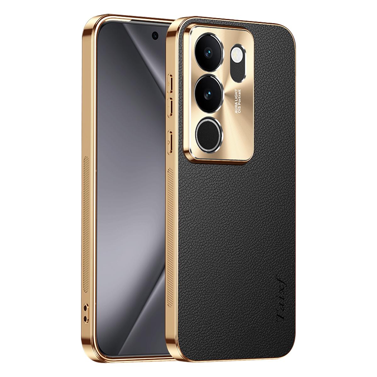 For vivo S17 Electroplated Frame Litchi Texture PC + TPU Vegan Leather Phone Case - Black - EDA009677409A
