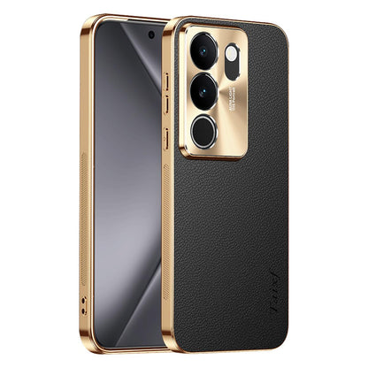 For vivo S17 Electroplated Frame Litchi Texture PC + TPU Vegan Leather Phone Case - Black - EDA009677409A