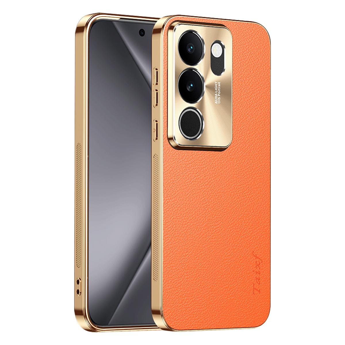 For vivo S17 Electroplated Frame Litchi Texture PC + TPU Vegan Leather Phone Case - Orange - EDA009677409B