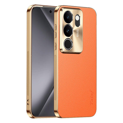 For vivo S17 Electroplated Frame Litchi Texture PC + TPU Vegan Leather Phone Case - Orange - EDA009677409B