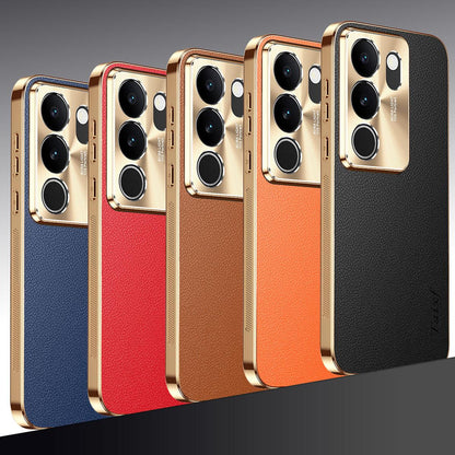 For vivo S17 Electroplated Frame Litchi Texture PC + TPU Vegan Leather Phone Case - Orange - EDA009677409B