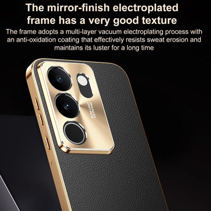 For vivo S17 Electroplated Frame Litchi Texture PC + TPU Vegan Leather Phone Case - Orange - EDA009677409B