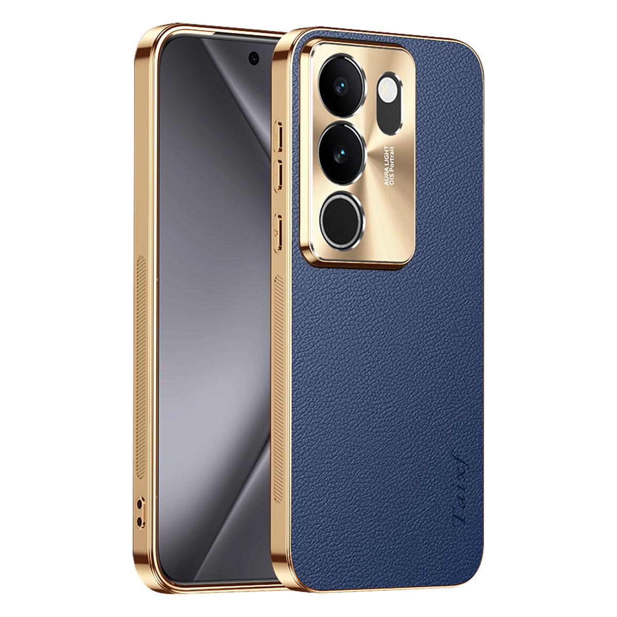 For vivo S17 Electroplated Frame Litchi Texture PC + TPU Vegan Leather Phone Case - Blue - EDA009677409C