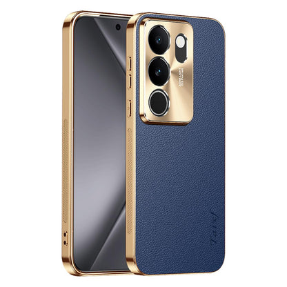 For vivo S17 Electroplated Frame Litchi Texture PC + TPU Vegan Leather Phone Case - Blue - EDA009677409C
