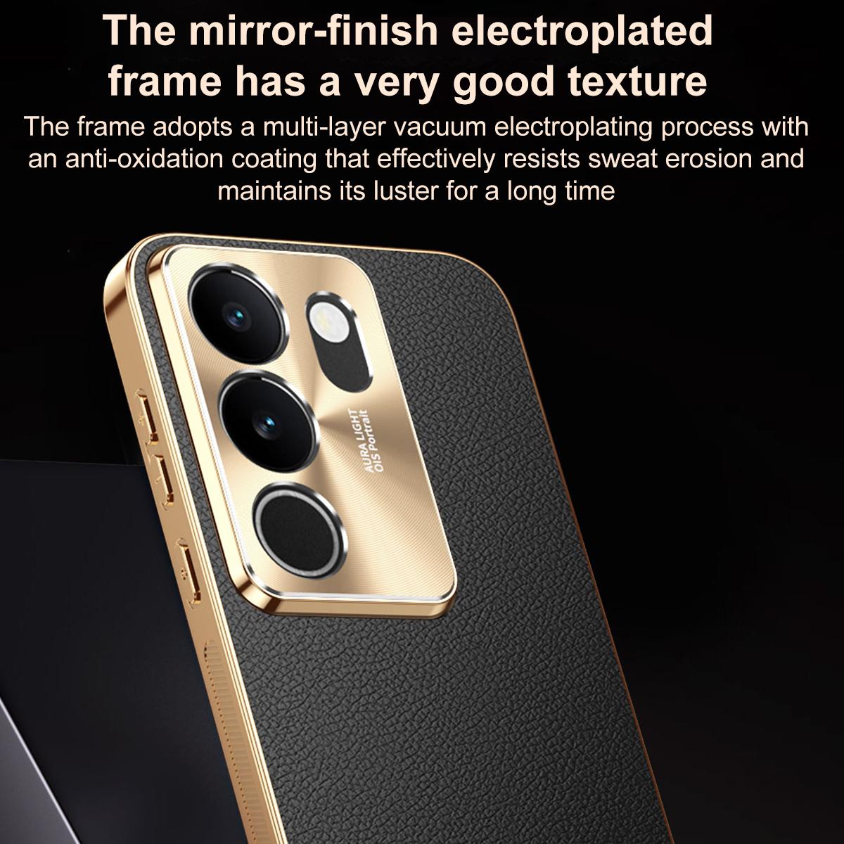 For vivo S17 Electroplated Frame Litchi Texture PC + TPU Vegan Leather Phone Case - Blue - EDA009677409C