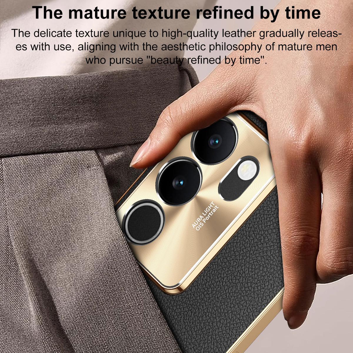 For vivo S17 Electroplated Frame Litchi Texture PC + TPU Vegan Leather Phone Case - Blue - EDA009677409C