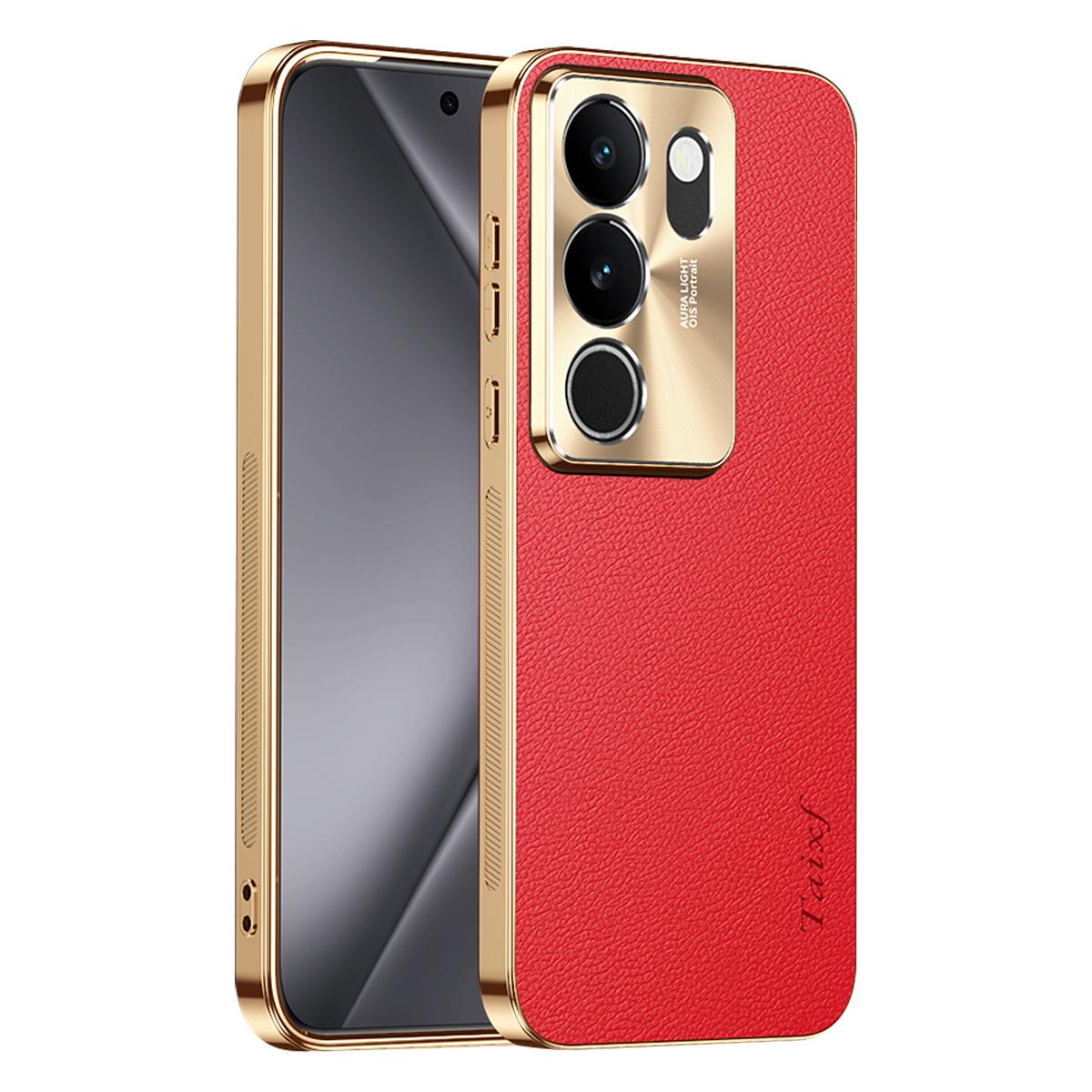 For vivo S17 Electroplated Frame Litchi Texture PC + TPU Vegan Leather Phone Case - Red - EDA009677409D