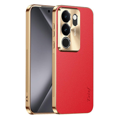 For vivo S17 Electroplated Frame Litchi Texture PC + TPU Vegan Leather Phone Case - Red - EDA009677409D