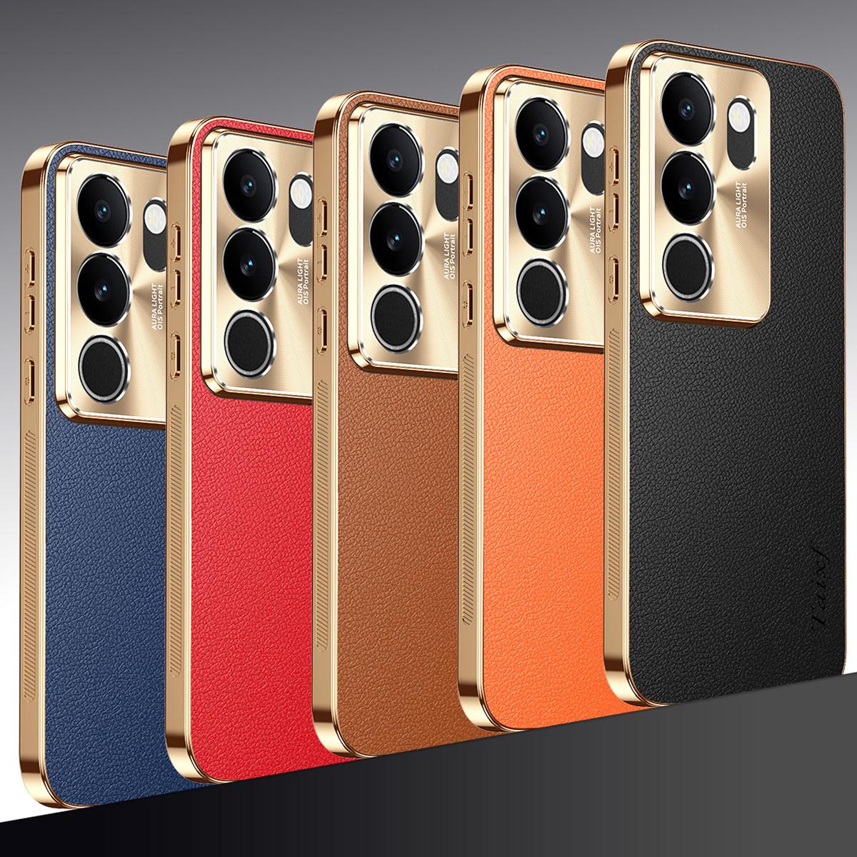 For vivo S17 Electroplated Frame Litchi Texture PC + TPU Vegan Leather Phone Case - Red - EDA009677409D
