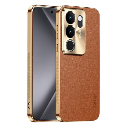 For vivo S17 Electroplated Frame Litchi Texture PC + TPU Vegan Leather Phone Case - Brown - EDA009677409E