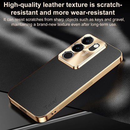 For vivo S17 Electroplated Frame Litchi Texture PC + TPU Vegan Leather Phone Case - Brown - EDA009677409E