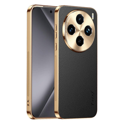 For vivo X100 Electroplated Frame Litchi Texture PC + TPU Vegan Leather Phone Case - Black - EDA009677417A