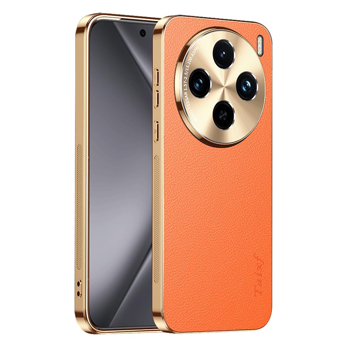For vivo X100 Electroplated Frame Litchi Texture PC + TPU Vegan Leather Phone Case - Orange - EDA009677417B