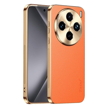 For vivo X100 Electroplated Frame Litchi Texture PC + TPU Vegan Leather Phone Case - Orange - EDA009677417B