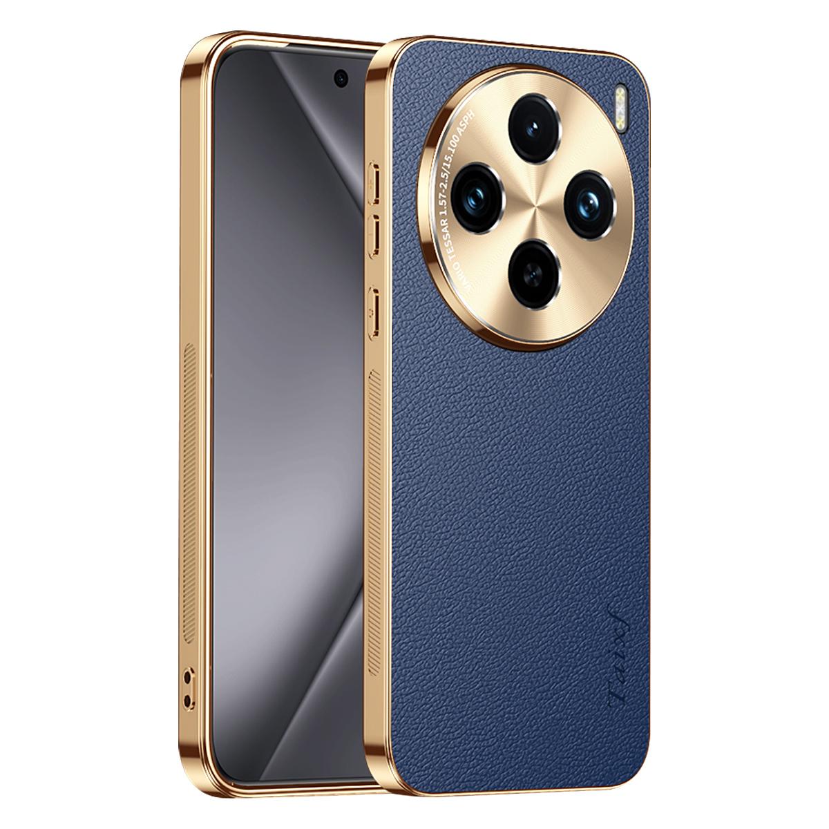 For vivo X100 Electroplated Frame Litchi Texture PC + TPU Vegan Leather Phone Case - Blue - EDA009677417C