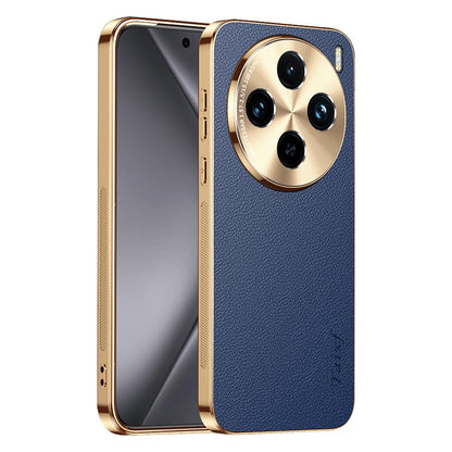 For vivo X100 Electroplated Frame Litchi Texture PC + TPU Vegan Leather Phone Case - Blue - EDA009677417C