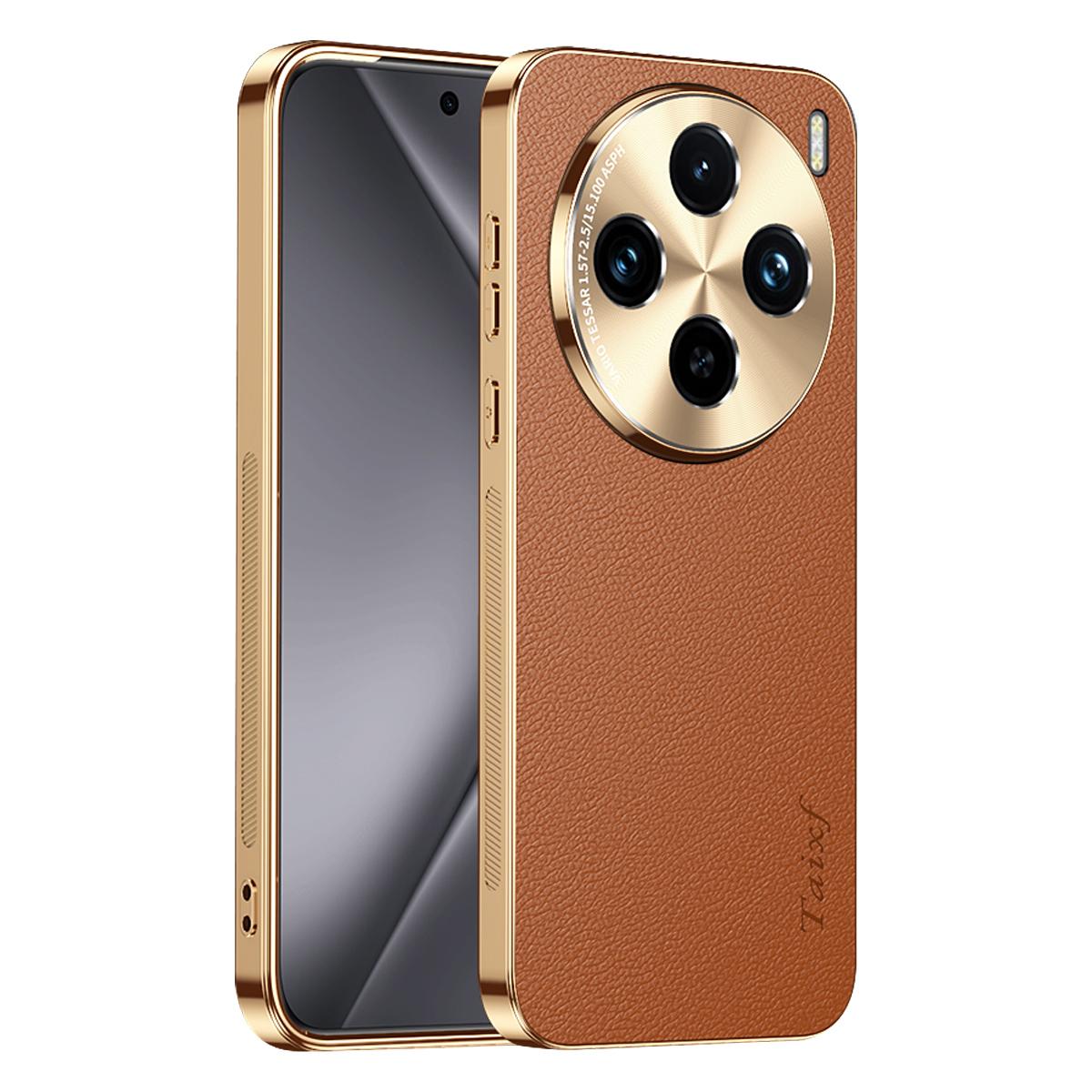 For vivo X100 Electroplated Frame Litchi Texture PC + TPU Vegan Leather Phone Case - Brown - EDA009677417E