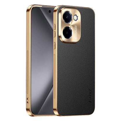 For vivo Y100i Electroplated Frame Litchi Texture PC + TPU Vegan Leather Phone Case - Black - EDA009677422A