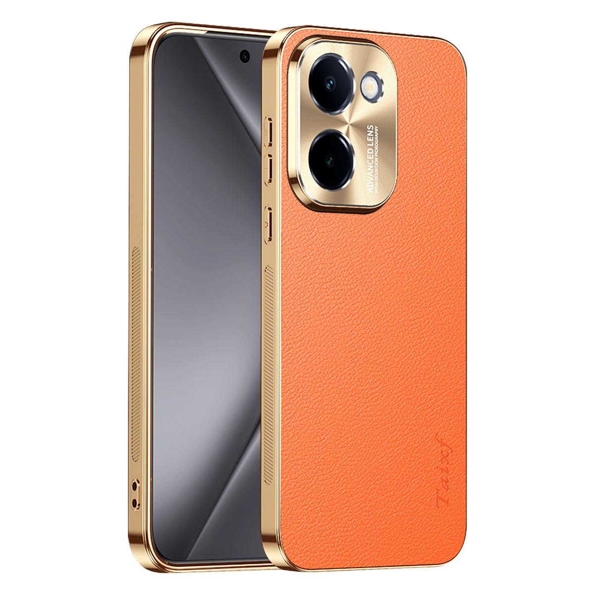 For vivo Y100i Electroplated Frame Litchi Texture PC + TPU Vegan Leather Phone Case - Orange - EDA009677422B