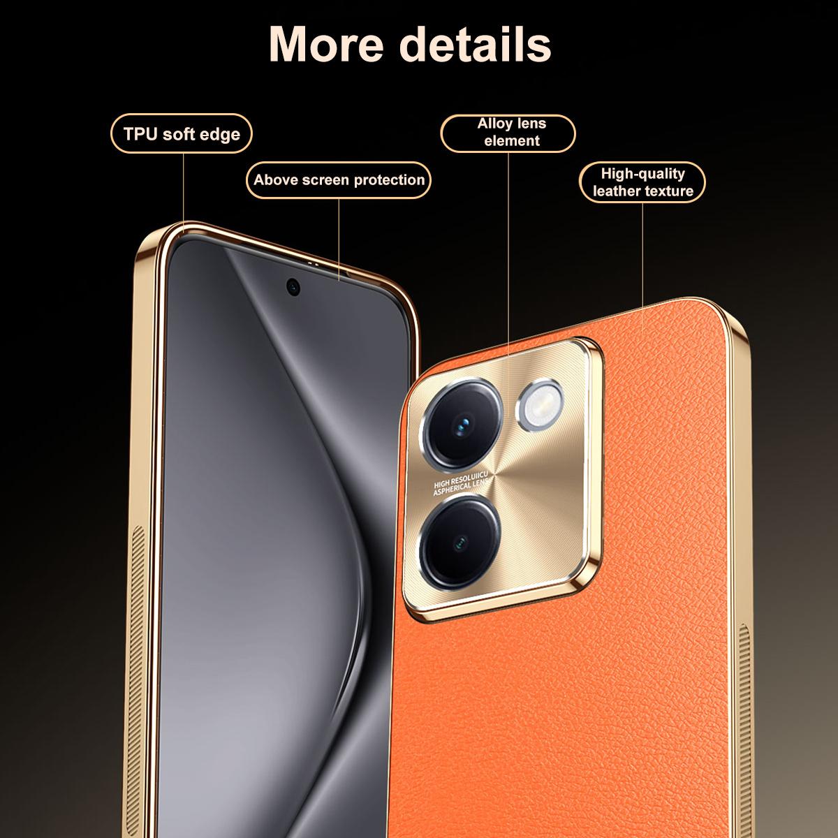 For vivo Y100i Electroplated Frame Litchi Texture PC + TPU Vegan Leather Phone Case - Orange - EDA009677422B