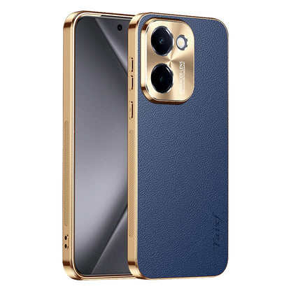 For vivo Y100i Electroplated Frame Litchi Texture PC + TPU Vegan Leather Phone Case - Blue - EDA009677422C